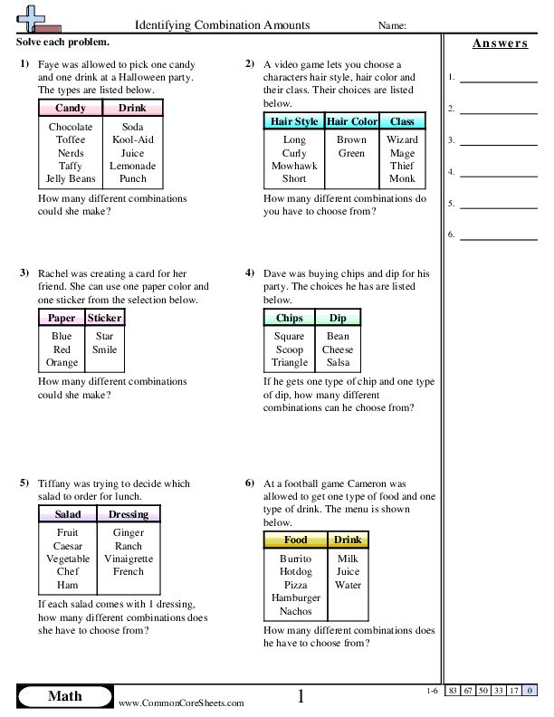 Identifying Combination Amounts worksheet